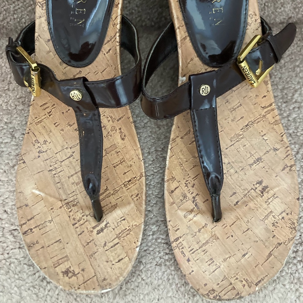 Lauren Ralph Lauren Brown Thong Wedge Sandals